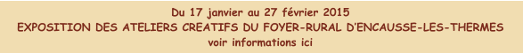 Du 17 janvier au 27 février 2015 EXPOSITION DES ATELIERS CREATIFS DU FOYER-RURAL D’ENCAUSSE-LES-THERMES voir informations ici